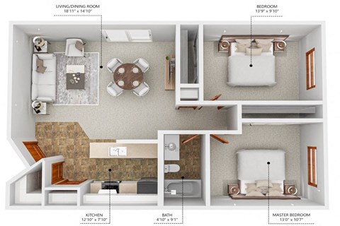 Floor plan for 2 beds, 1 bath, 806 sqft